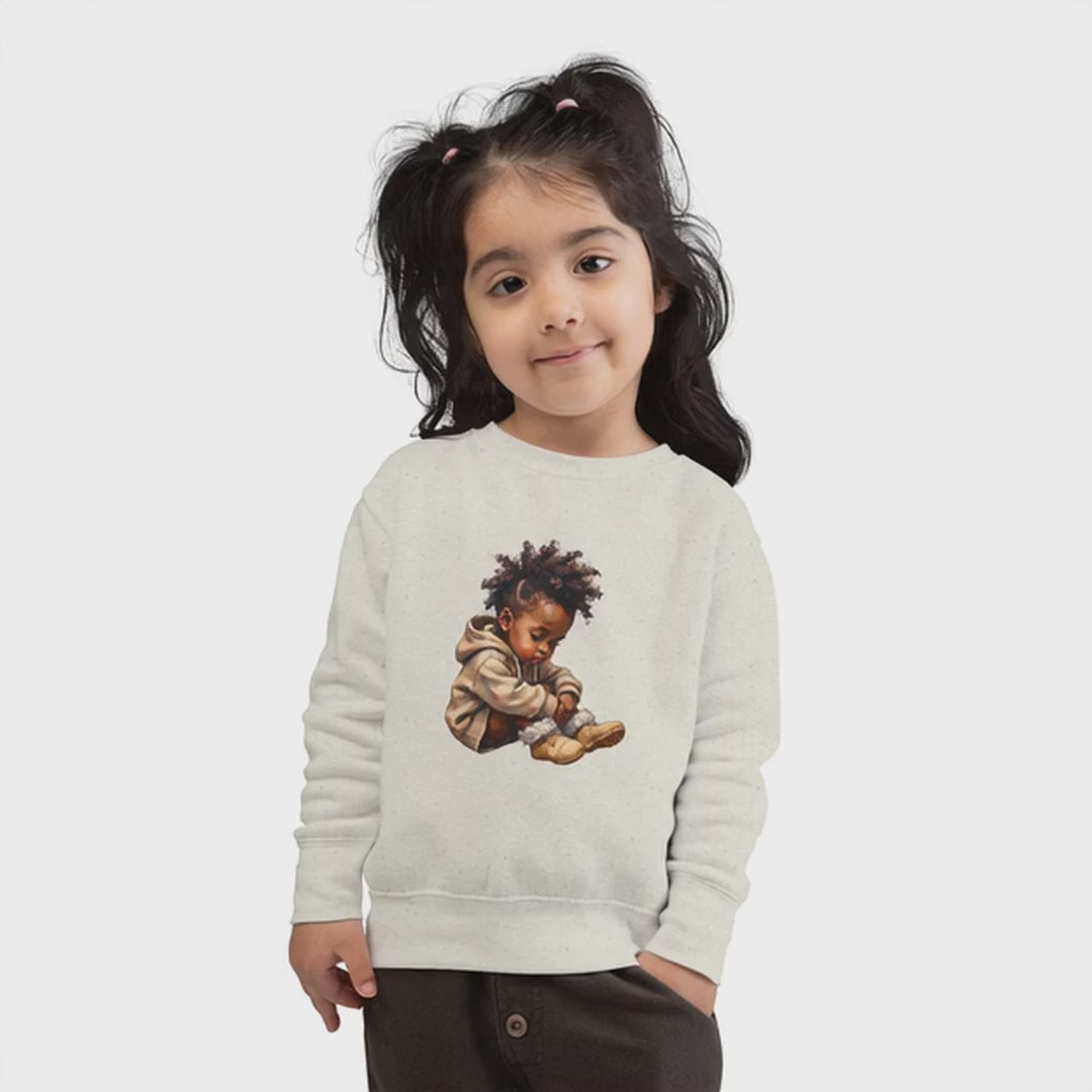 Video mockup of Cute little girl wearing cream colored sweatshirt with image of another little girl sitting comfortably