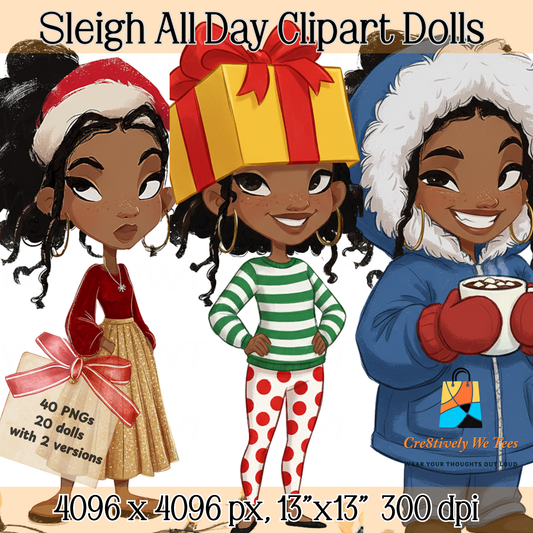 Trio of festive Black girl clipart dolls, one with a giant present hat and candy-striped leggings, one in a red top with gold glitter skirt and Santa hat, and one sipping cocoa in a fluffy blue parka — cozy and fun holiday flair.