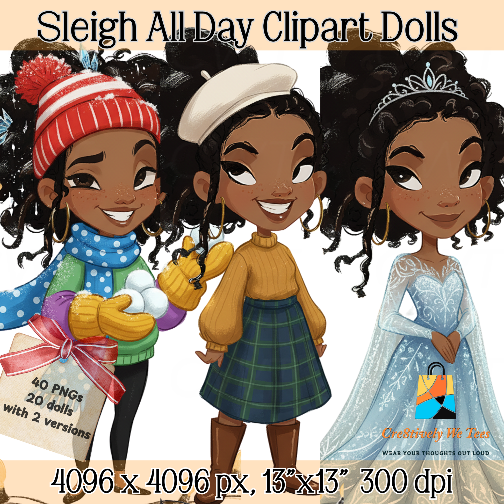 Three stylish Black girl holiday clipart dolls, one with snowballs and a red hat, one in a yellow sweater and plaid skirt with a beret, and one in an icy blue princess gown and tiara — festive and whimsical vibes.