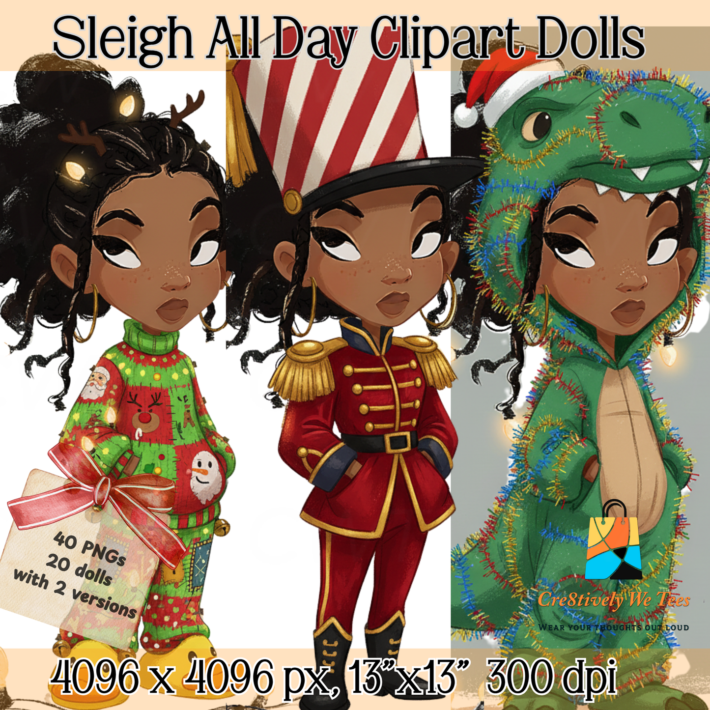 Holiday clipart preview featuring Black girl dolls dressed as a toy soldier, in reindeer pajamas with Christmas lights, and a quirky green dinosaur hoodie with ornaments — bold and playful holiday energy.
