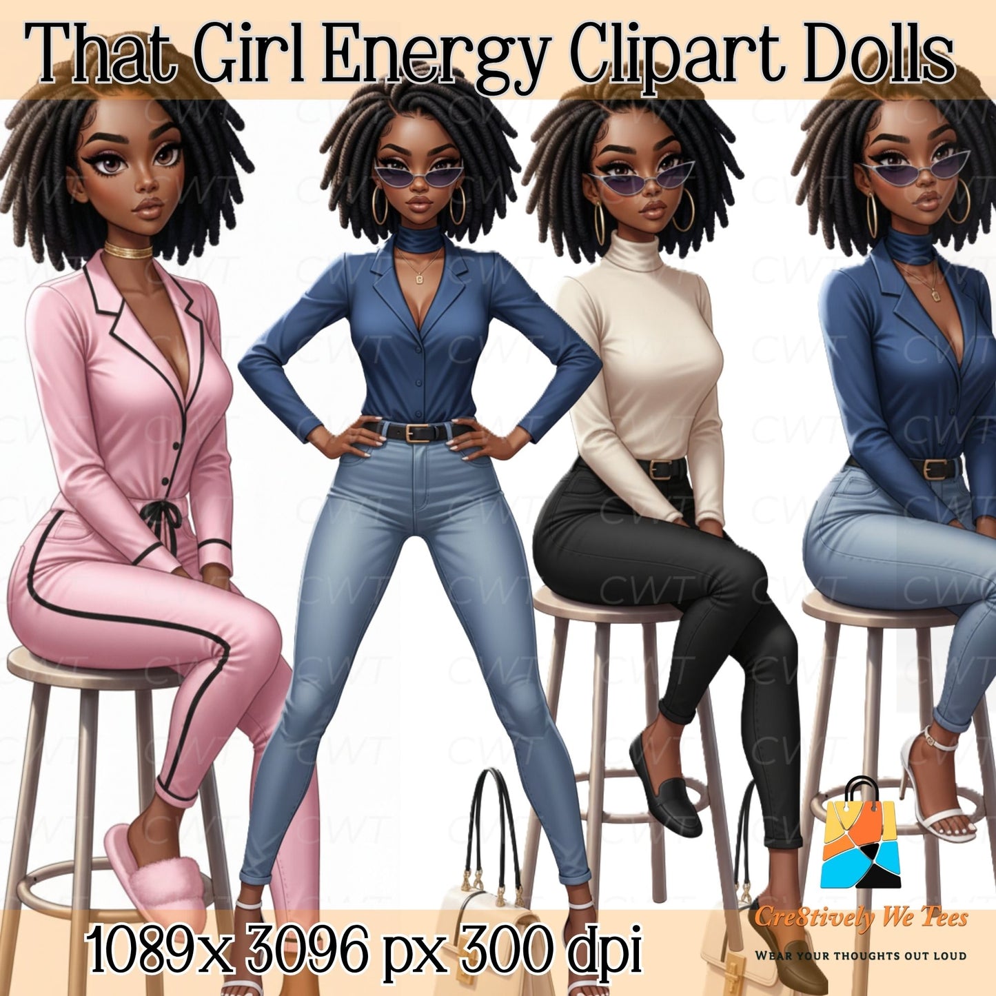 Clipart set of fashionable Black women with locs, dressed in a mix of loungewear, business casual, and streetwear. The stylish dolls exude confidence and elegance, ideal for use in digital planners, sublimation designs, and crafting projects.