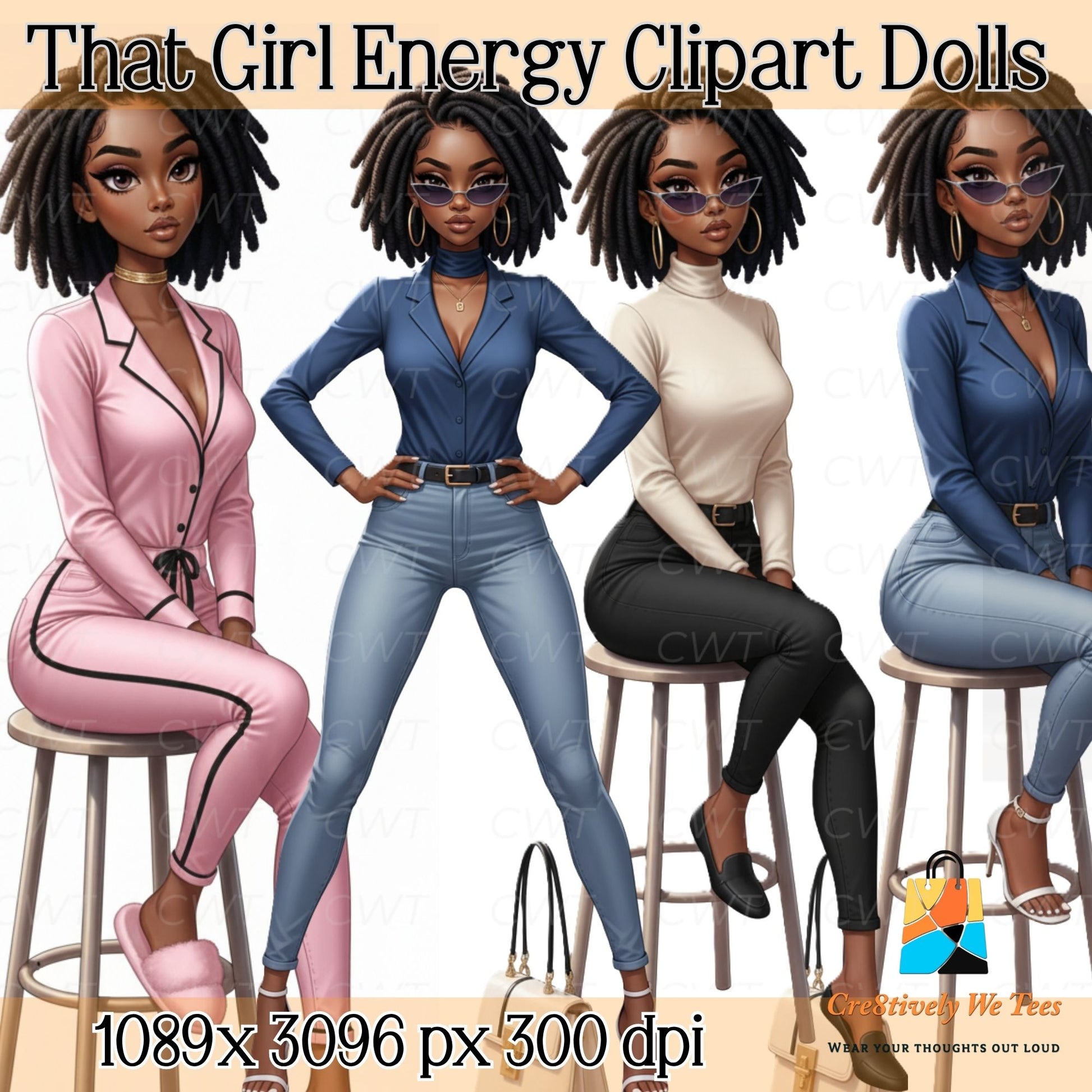 Clipart set of fashionable Black women with locs, dressed in a mix of loungewear, business casual, and streetwear. The stylish dolls exude confidence and elegance, ideal for use in digital planners, sublimation designs, and crafting projects.