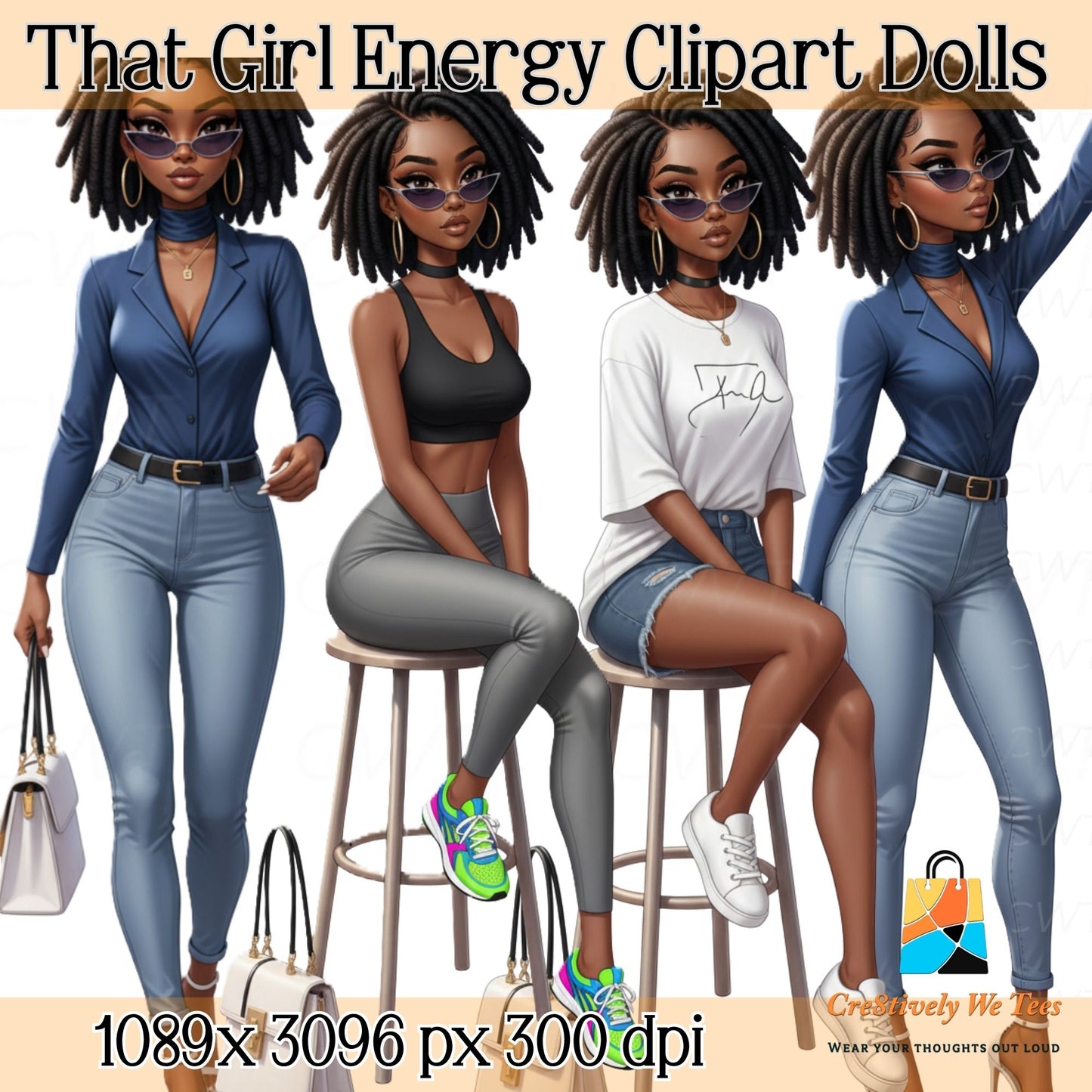 A stylish bundle of digital Black women clipart featuring confident fashion-forward characters with natural hairstyles, wearing casual and chic outfits including jeans, crop tops, sneakers, and statement sunglasses — perfect for planner stickers, sublimation, and digital design projects.