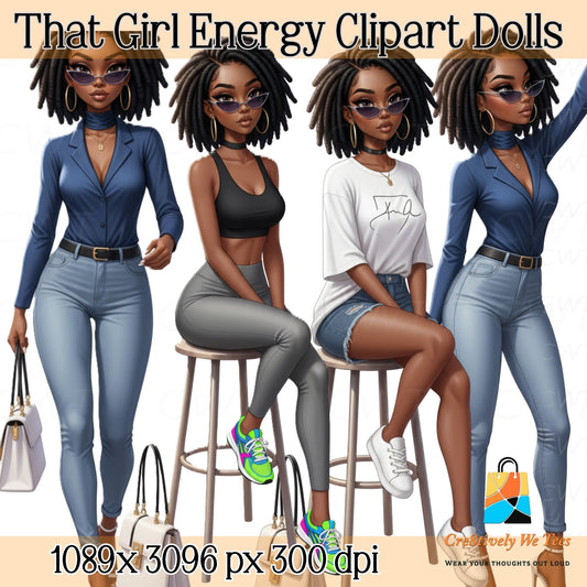 A stylish bundle of digital Black women clipart featuring confident fashion-forward characters with natural hairstyles, wearing casual and chic outfits including jeans, crop tops, sneakers, and statement sunglasses — perfect for planner stickers, sublimation, and digital design projects.